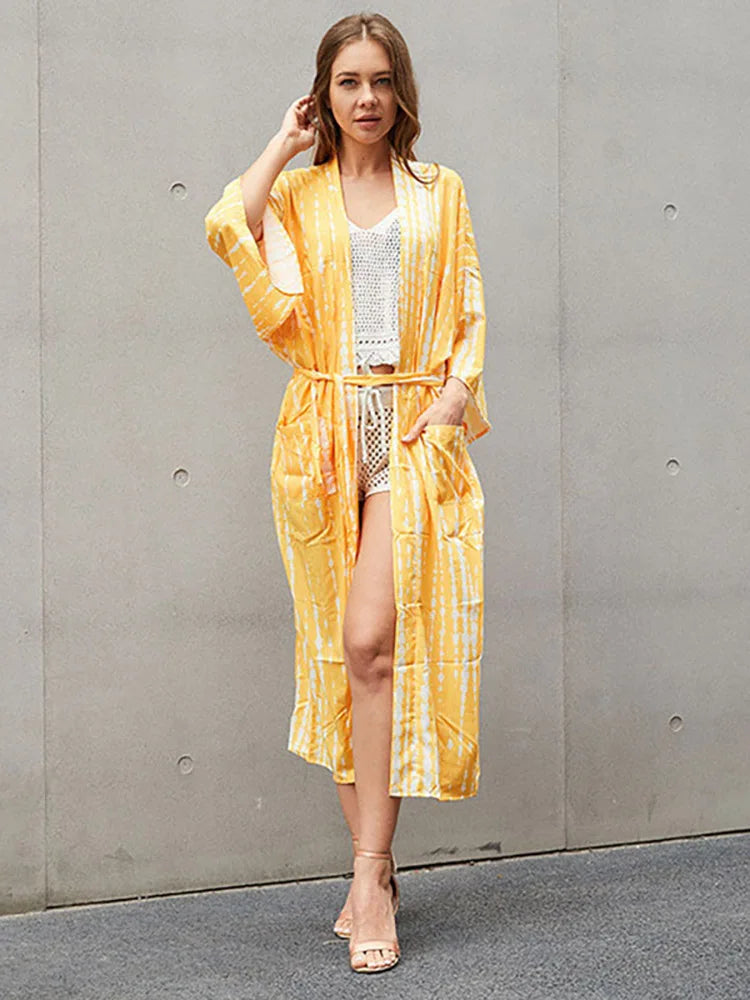 2023 Women Swimsuit Pareo Beachwear Boho Striped Print with Belt Short Sleeve Tunic Cardigan Summer Sexy Kimono Bikini Cover Up