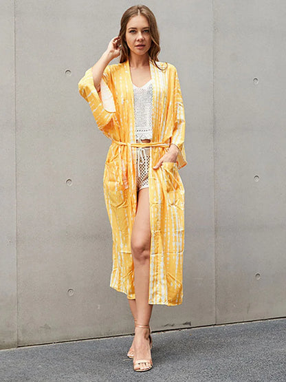 2023 Women Swimsuit Pareo Beachwear Boho Striped Print with Belt Short Sleeve Tunic Cardigan Summer Sexy Kimono Bikini Cover Up