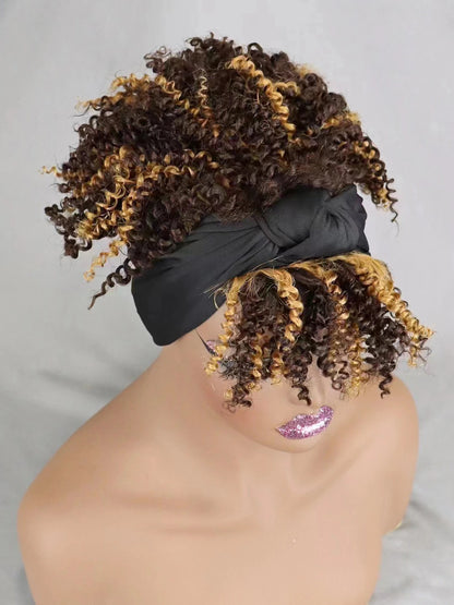 200% Density 1BT30 Afro Kinky Curly Scarf Wig with Bangs Machine Made Wig Curly 100% Human Hair Wig Preplucked for Black Women