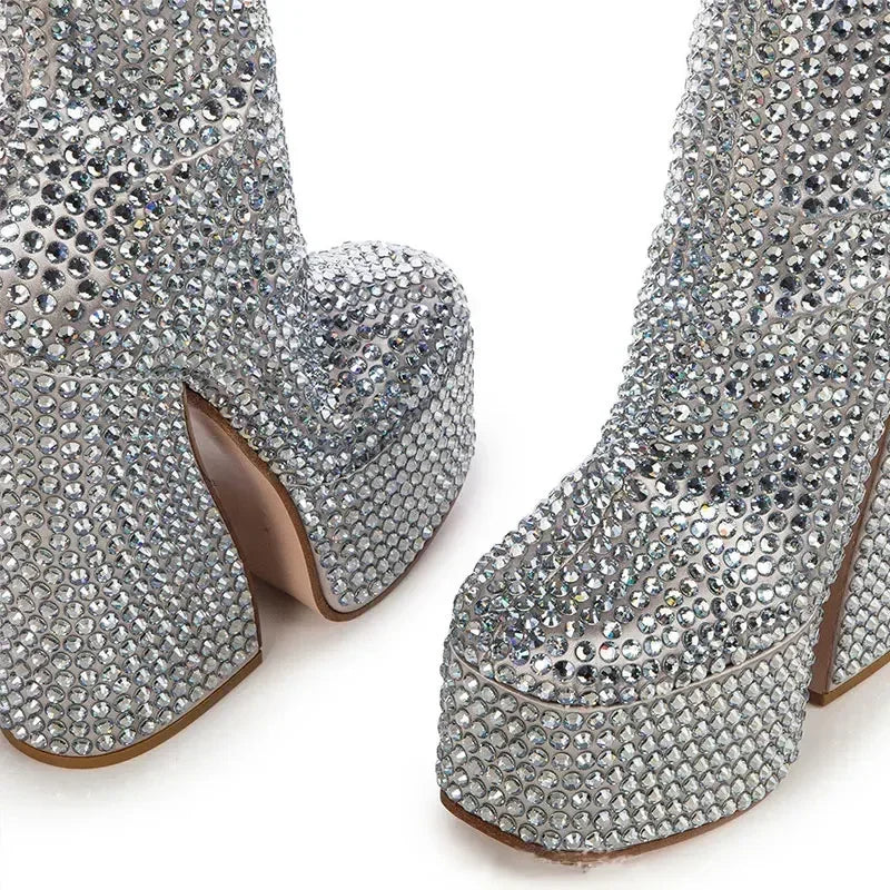 2024 Silver High Heel Chelsea Boots – Women's Platform Ankle Boots Square Toe with Diamond Decor, Chunky Heel Short Boots