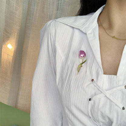 Rinhoo Luxury Pink Green Zircon Tulip Flower Brooch For Women Elegant Pearl Floral Lapel Pins Plant Button Badge Wedding Jewelry