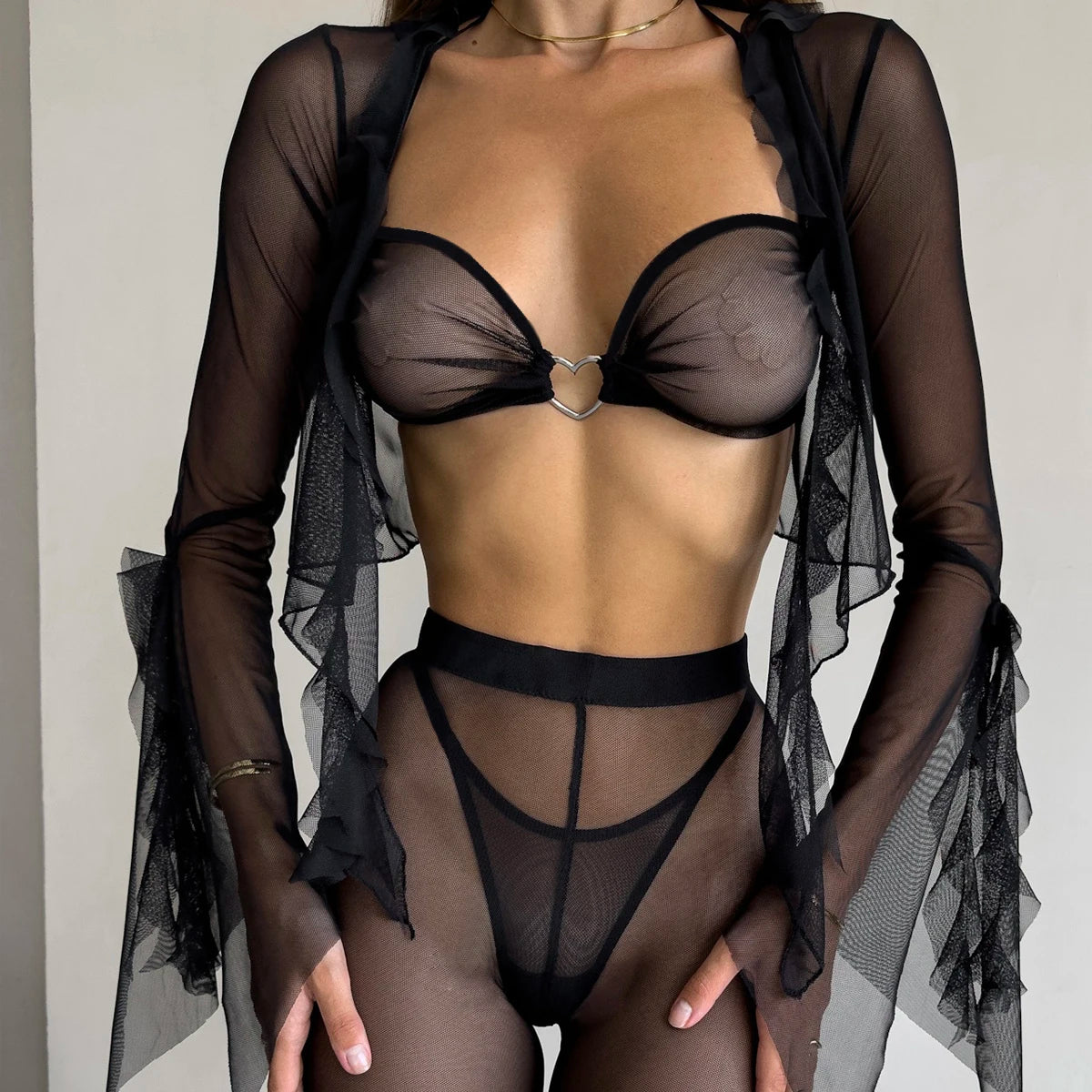 Summer Sexy Four Piece Solid Color Mesh Top Open Skirt Mini Beach Wear Holiday Travel Dress Sexy Long Pants Set