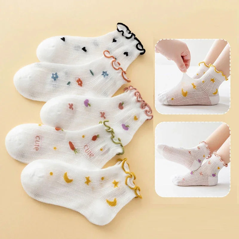 5Pairs/Set Sweet Baby Girl Socks Summer Breathable Mesh Short Sock for Toddler Korean Print Ruffled Cotton Kids Socks