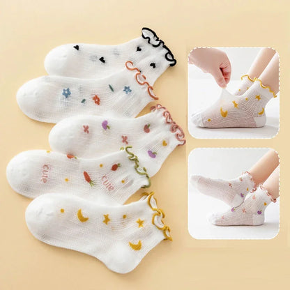 5Pairs/Set Sweet Baby Girl Socks Summer Breathable Mesh Short Sock for Toddler Korean Print Ruffled Cotton Kids Socks