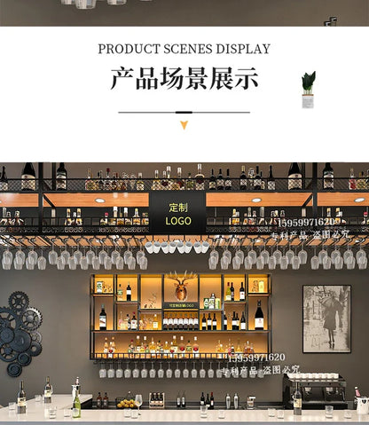 Customized: bar counter wine cabinet against the wall, hanging shelves, industrial style bar, wrought iron display stand,