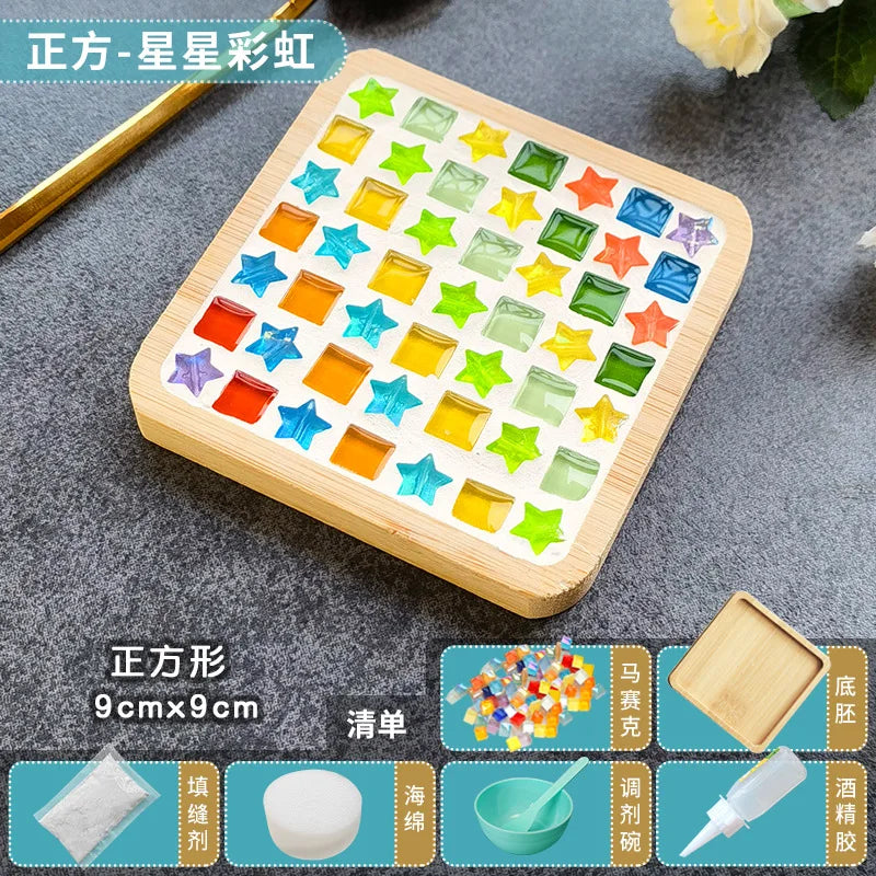 Handmade DIY Mosaic Cup Mat Bottom Bamboo Pad Heart Square Coaster Parent-Child Early Education Free Creation Handicraft Toys