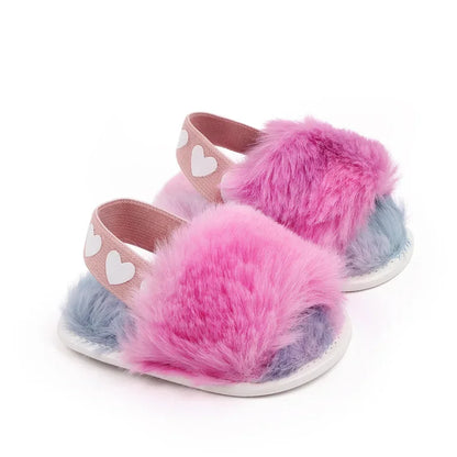 Sandales pour nouveau-né fille, mignonnes, été, hiver, en peluche, semelles souples, plates, princesse, antidérapantes, pour les premiers pas