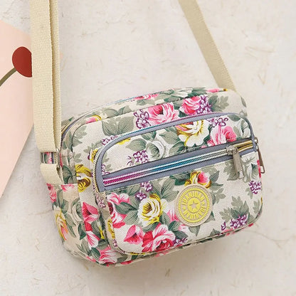 Casual Backpack Messenger Nylon Canvas Cloth Bag Shoulder Multi Layered Floral Print Mother Handbag Women's Crossbody Bag