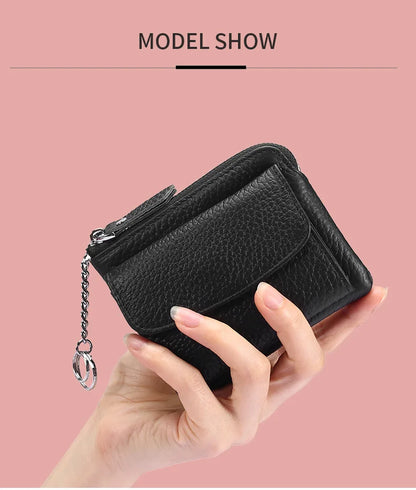 2023 New Genuine Leather Women Mini Wallet Ladies Short Wallets and Purses Zipper Leather Coin Purse Keychain Coins Pocket Bag