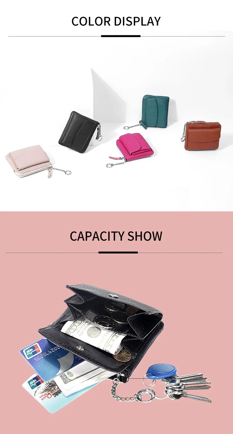 2023 New Genuine Leather Women Mini Wallet Ladies Short Wallets and Purses Zipper Leather Coin Purse Keychain Coins Pocket Bag
