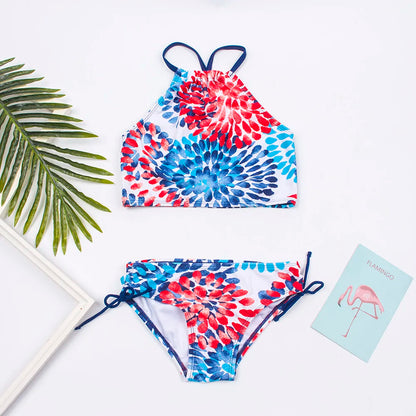 3-14 Years Flower Print Girls Kids Swimwear Summer Children Teen Students Two Pieces Swimsuit Kids Bikini Set Bathing Suit