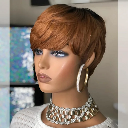 Perruque courte et lisse en cheveux humains, coupe Pixie, fabriquée à la machine, pour femmes noires, avec frange, dégradée, vierge, noir 1B, bonnet complet