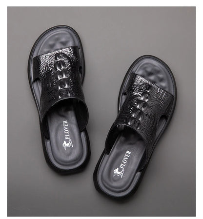 Chaussures d'été pour hommes, sandales en cuir véritable, imprimé crocodile, pantoufles décontractées, tongs à coussin d'air, chaussures de plage cool