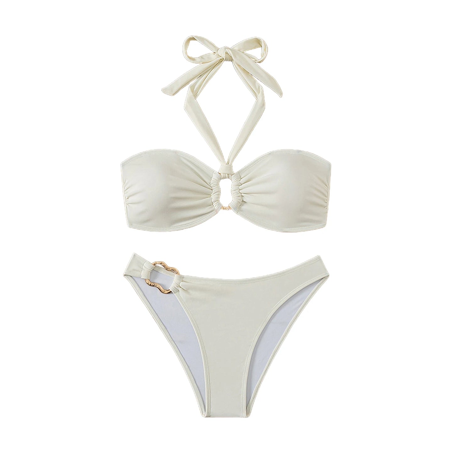 Women Bikini Set Solid Color Underwire Padded Push-Up Split Bikini Bra Print High Waist Bottoms Swimsuit Women Bathing Suit
