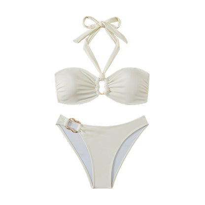 Women Bikini Set Solid Color Underwire Padded Push-Up Split Bikini Bra Print High Waist Bottoms Swimsuit Women Bathing Suit