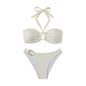 Women Bikini Set Solid Color Underwire Padded Push-Up Split Bikini Bra Print High Waist Bottoms Swimsuit Women Bathing Suit