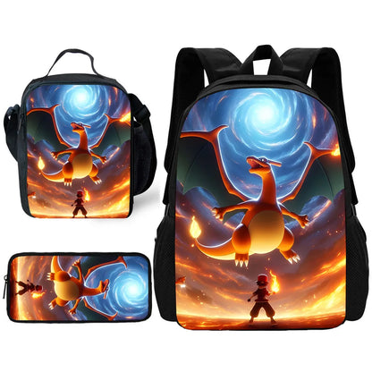 Child School Cute Anime Charizards Backpack with Lunch Bags ,Pencil Bags ,School Bags for Boys Girls Best Gift
