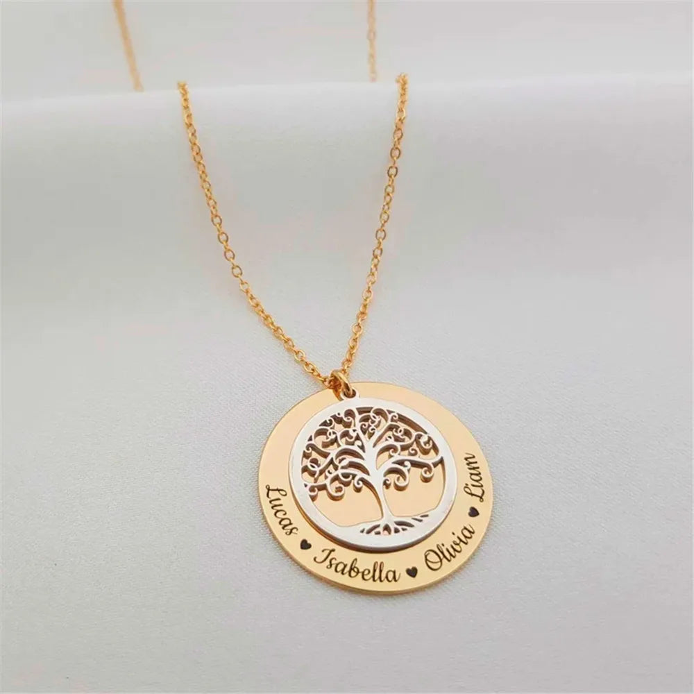 Custom Family Names Necklace Stainless Steel Personalized Name Pendant Tree Of Life 1-5 Names Birthstone For Women Birthday Gift