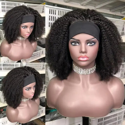Headband Wig Afro Kinky Curly Wig Human Hair Short Curly Density 250% Full Human Hair Wig With Headband Brazilian Remy