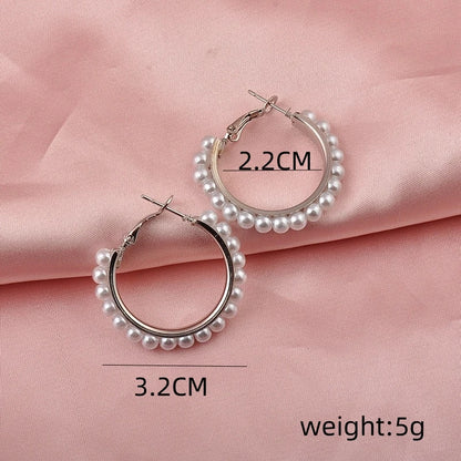 Exaggerated Imitation Pearl Round Hoop Earrings for Women Hiphop Punk Metal Creative Geometry Loop Jewelry Accessory Girl Gift