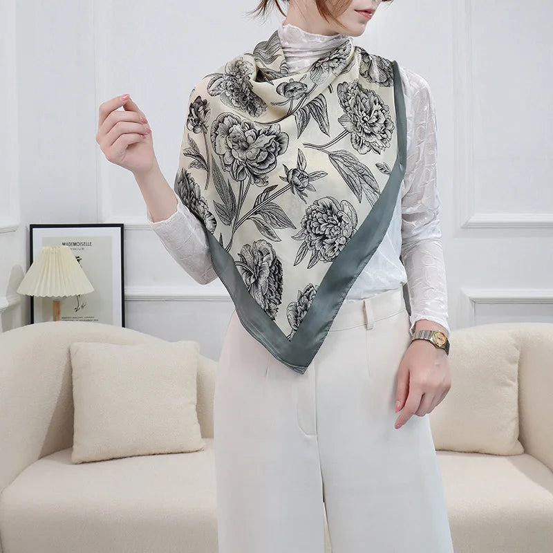 ELAIFRUIHAO Foulard en soie florale pour femme, hijab, bandana imprimé, grand format, carré, 110 cm, en satin