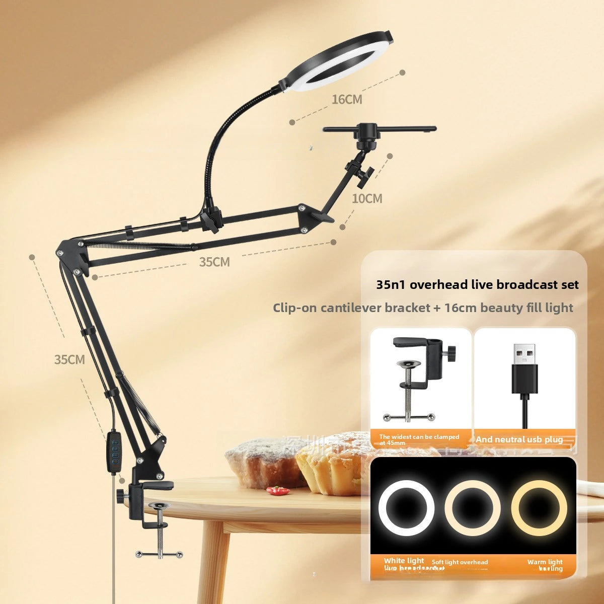 Phone Live Streaming Stand Desktop Multifunctional Overhead Shooting  Floor Tripod with Fill Light for Selfie and Video Shooting