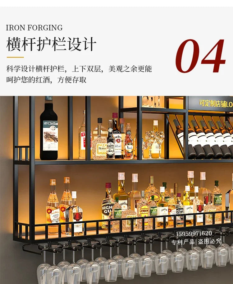 Customized: bar counter wine cabinet against the wall, hanging shelves, industrial style bar, wrought iron display stand,