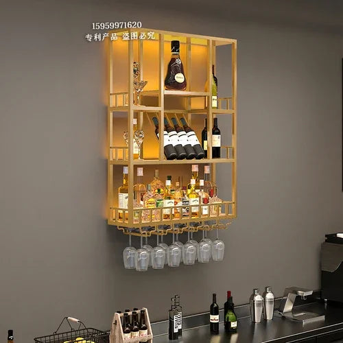 Customized: bar counter wine cabinet against the wall, hanging shelves, industrial style bar, wrought iron display stand,