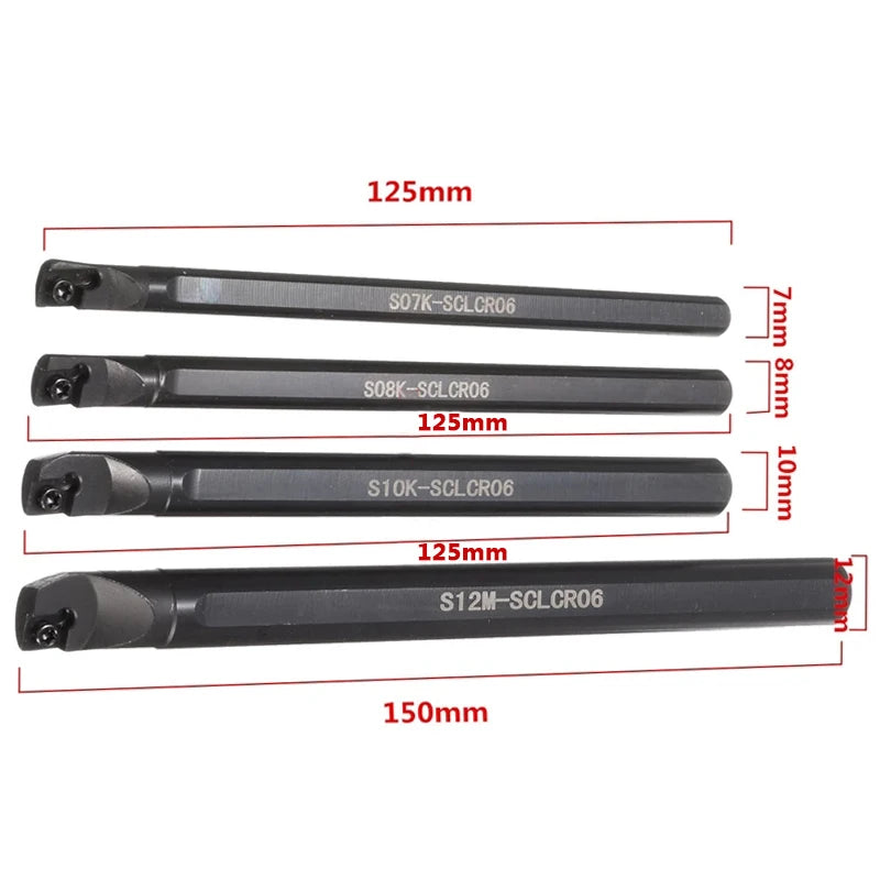 4Pcs 7/8/10/12mm SCLCR06 Lathe Boring Bar Turning Tool With 10Pcs CCMT0602 Inserts +4Pcs T8 Wrench