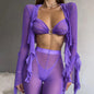 Summer Sexy Four Piece Solid Color Mesh Top Open Skirt Mini Beach Wear Holiday Travel Dress Sexy Long Pants Set