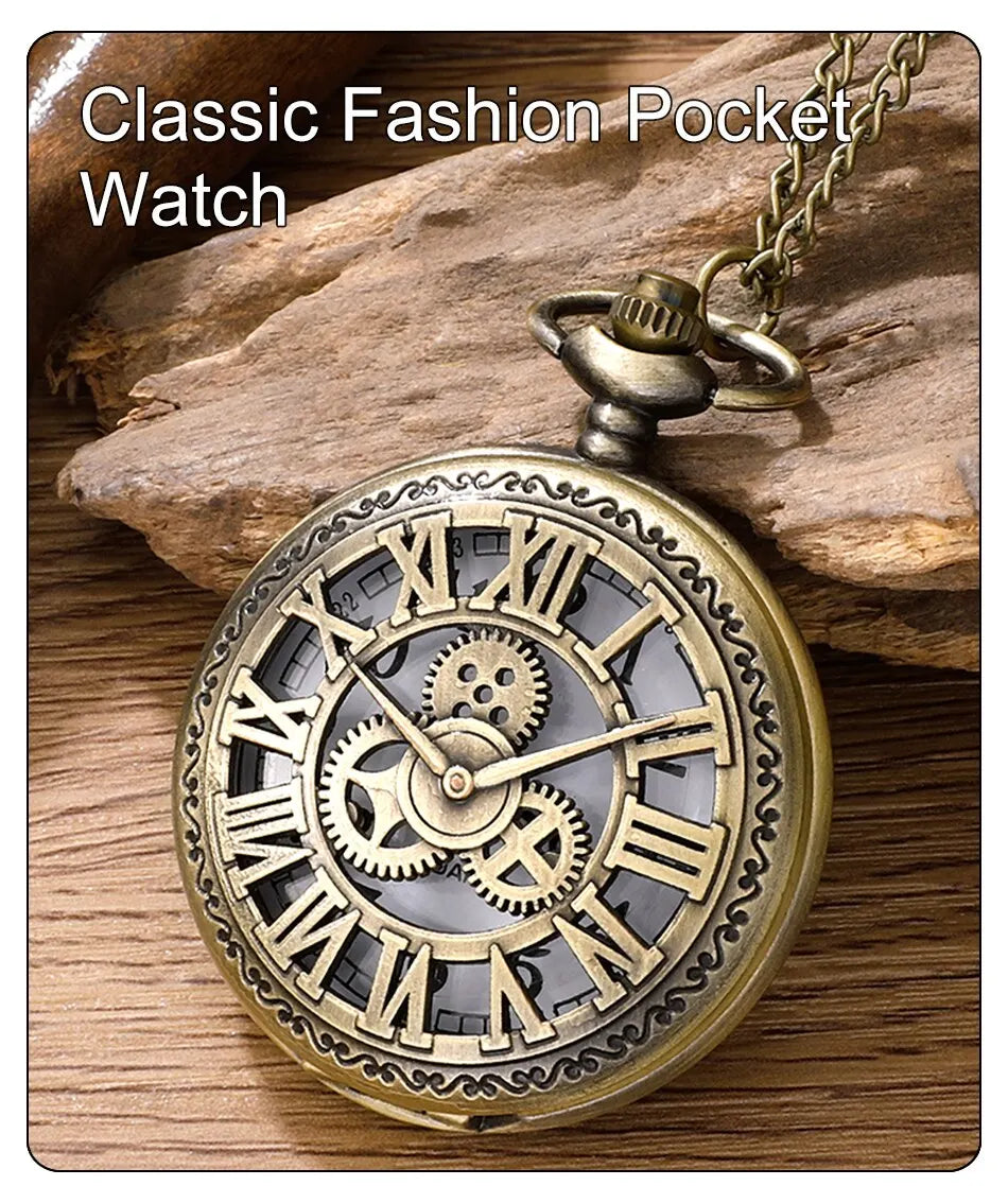 Antique Steampunk Vintage Roman Numerals Quartz Pocket Watch Bronze Case Necklace Pendant Clock Chain Mens Women