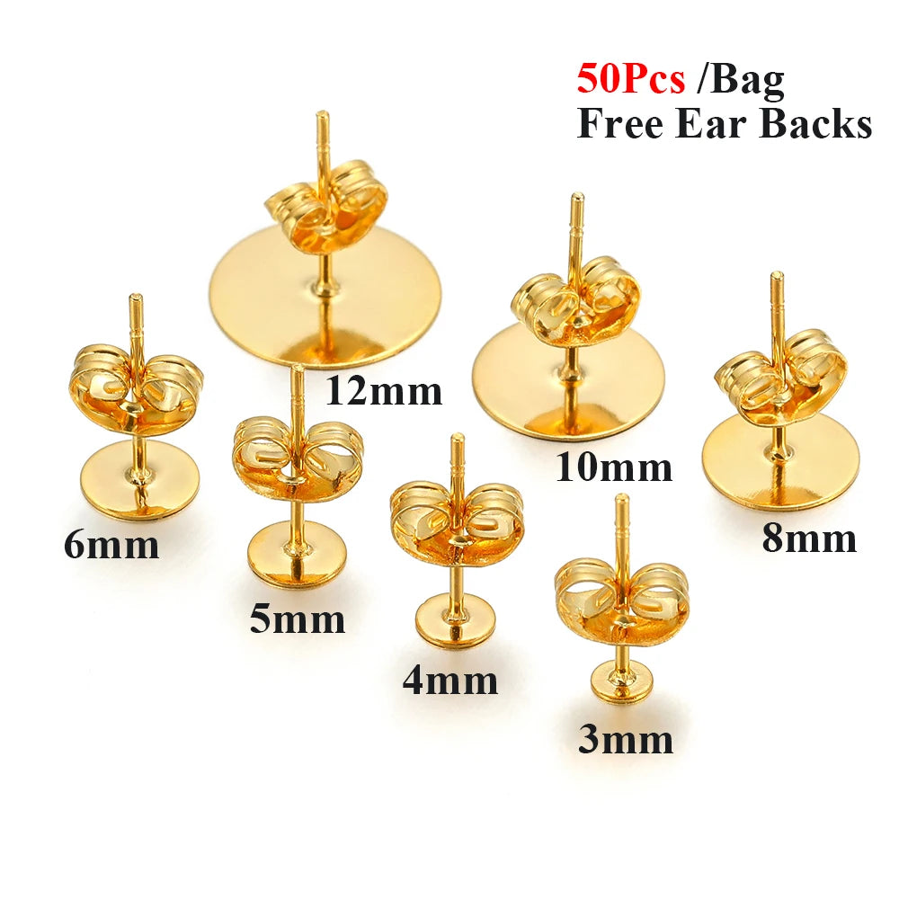 50-100pcs Stainless Steel Water Gold Earrings Studs Base Blank Post Pins Earring Plug Ear Back Findings for DIY Jewelry Making
