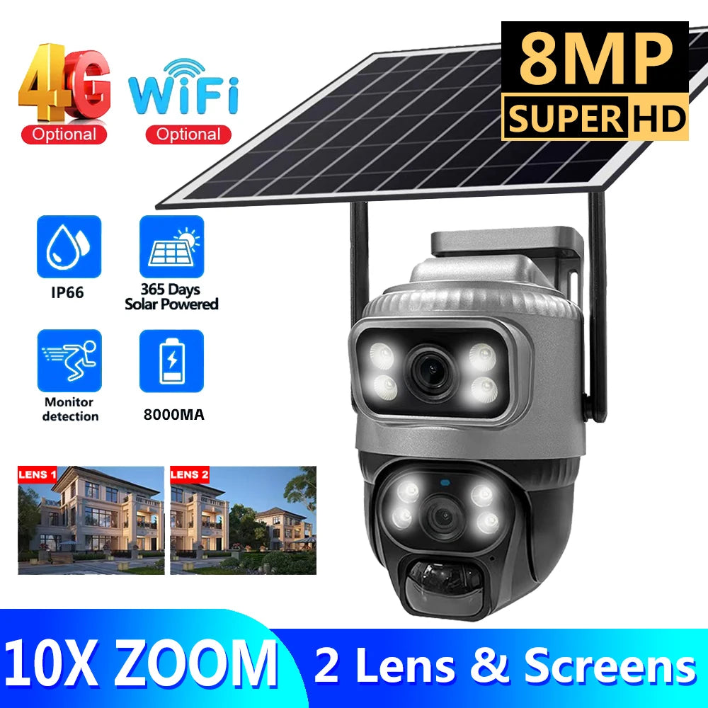 Security Protection Outdoor Waterproof Solar Panel Wifi Camera 8MP HD 4K Surveillance Cameras PIR Human Detection Home Security