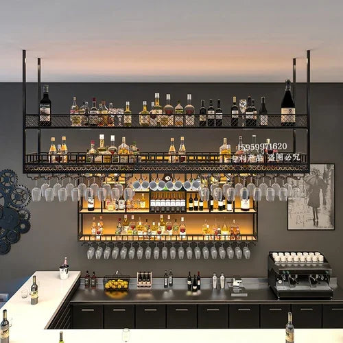 Customized: bar counter wine cabinet against the wall, hanging shelves, industrial style bar, wrought iron display stand,