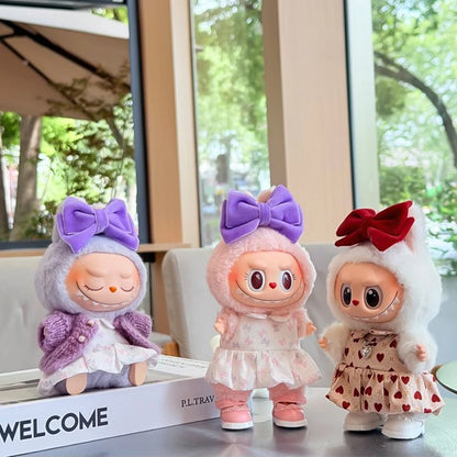 Lovely Bow Heart Flower Bud Skirt Set Decor Dress Sweater Cardigan Outfit Dolls Accessories For 17cm/38cm Labubu Doll Clothes