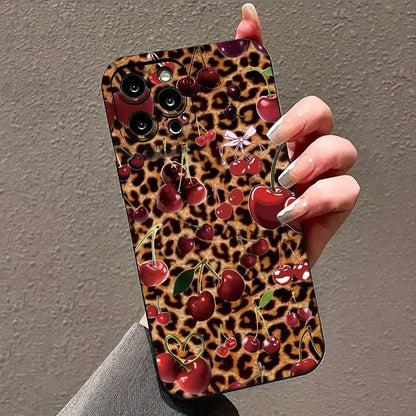 Leopard Cherry Pattern TPU Phone Case For iPhone 16 Cases iPhone 15 14 13 12 11 Pro Max XS X XR 7 8 Plus SE2 Soft Silicone Cover