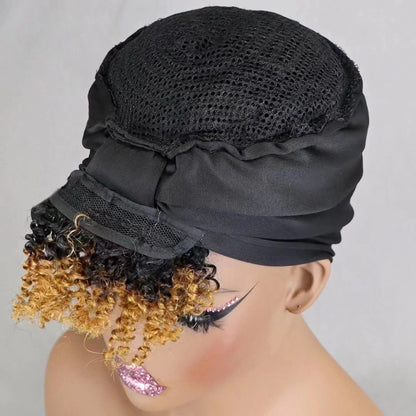 200% Density 1BT30 Afro Kinky Curly Scarf Wig with Bangs Machine Made Wig Curly 100% Human Hair Wig Preplucked for Black Women