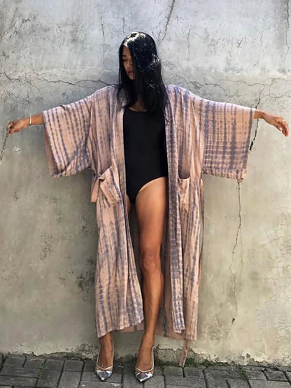 2023 Women Swimsuit Pareo Beachwear Boho Striped Print with Belt Short Sleeve Tunic Cardigan Summer Sexy Kimono Bikini Cover Up