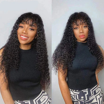 Perruques ondulées en cheveux humains avec frange pour femmes, entièrement fabriquées à la machine, 45 à 81 cm, perruque bouclée profonde, cheveux Remy, couleur naturelle
