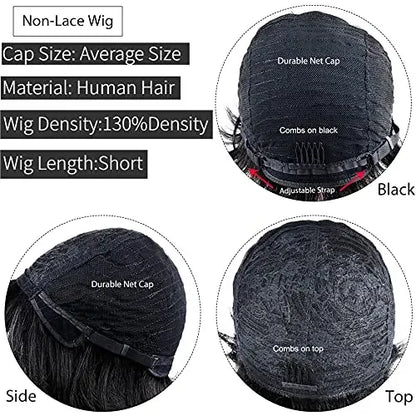 Perruque courte et lisse en cheveux humains, coupe Pixie, fabriquée à la machine, pour femmes noires, avec frange, dégradée, vierge, noir 1B, bonnet complet