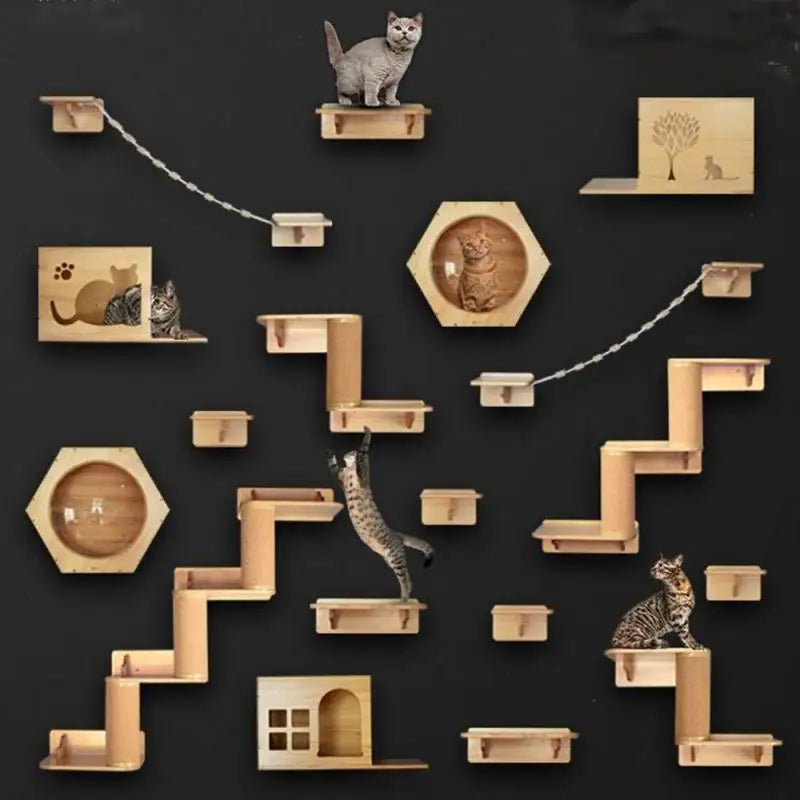 Étagères murales pour chats et échelle en corde, griffoir pour meubles pour chats, plateforme de saut en bois, jeu et sommeil pour chats