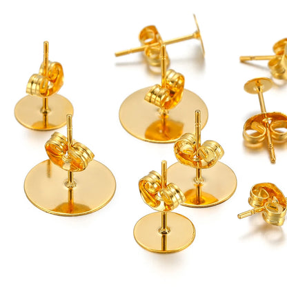 50-100pcs Stainless Steel Water Gold Earrings Studs Base Blank Post Pins Earring Plug Ear Back Findings for DIY Jewelry Making