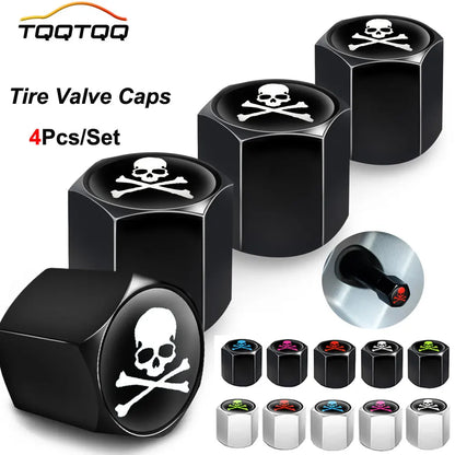Lot de 4 bouchons de valve de pneu tête de mort avec joint torique, universels pour voitures, SUV, vélos, camions et motos