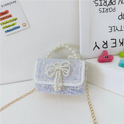 2024 Korean Style Pearl Kid's Handbag Lace Bow Princess Shoulder Messenger Bag Sequin Zero Wallet Pocket Pack