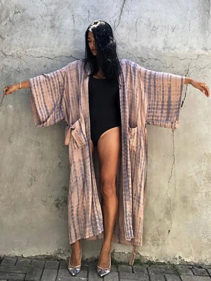 2023 Women Swimsuit Pareo Beachwear Boho Striped Print with Belt Short Sleeve Tunic Cardigan Summer Sexy Kimono Bikini Cover Up