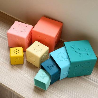 4PCS Silicone Stacking Cups Montessori Toy Square Nesting Bath Toy For Baby Early Education Sensory Development Teether Toy