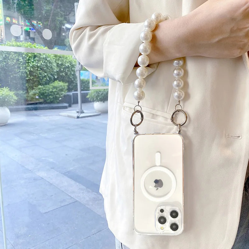 Pearl Chain Crossbody Necklace Lanyard Phone Case For iphone 16 15 14 13 11 12 Pro Max plus Magnetic Cover