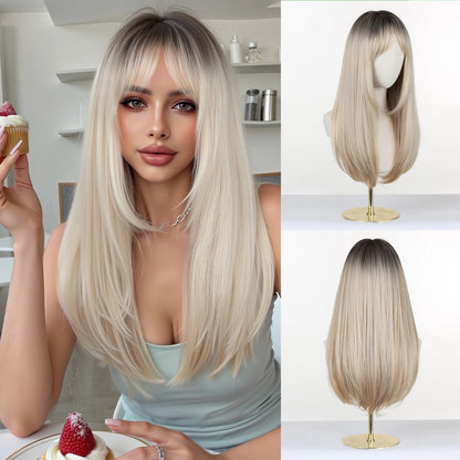 Perruques synthétiques longues blondes EASIHAIR pour femmes, cheveux naturels lisses et dégradés avec frange, résistantes à la chaleur, pour un usage quotidien