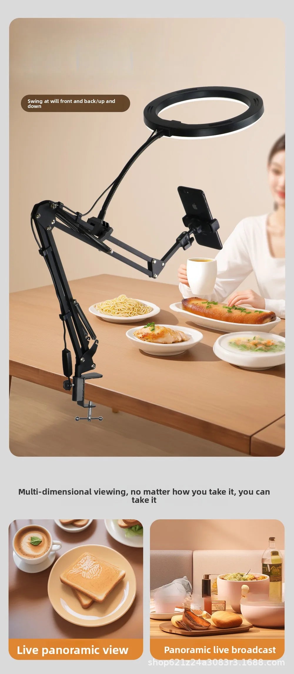 Phone Live Streaming Stand Desktop Multifunctional Overhead Shooting  Floor Tripod with Fill Light for Selfie and Video Shooting