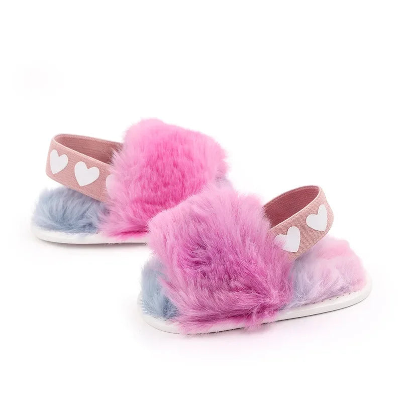 Sandales pour nouveau-né fille, mignonnes, été, hiver, en peluche, semelles souples, plates, princesse, antidérapantes, pour les premiers pas